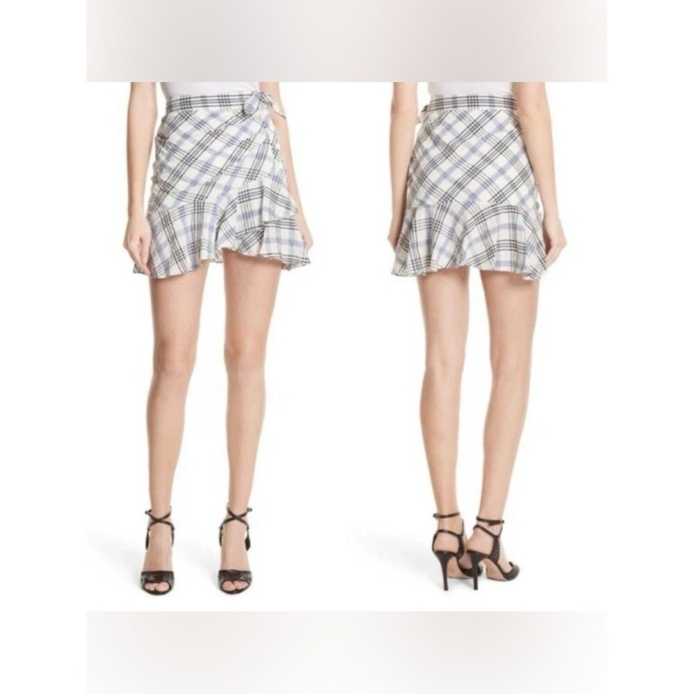 Veronica Beard Kaia Embroidered Check Ruffle Mini Skirt Blue Women's